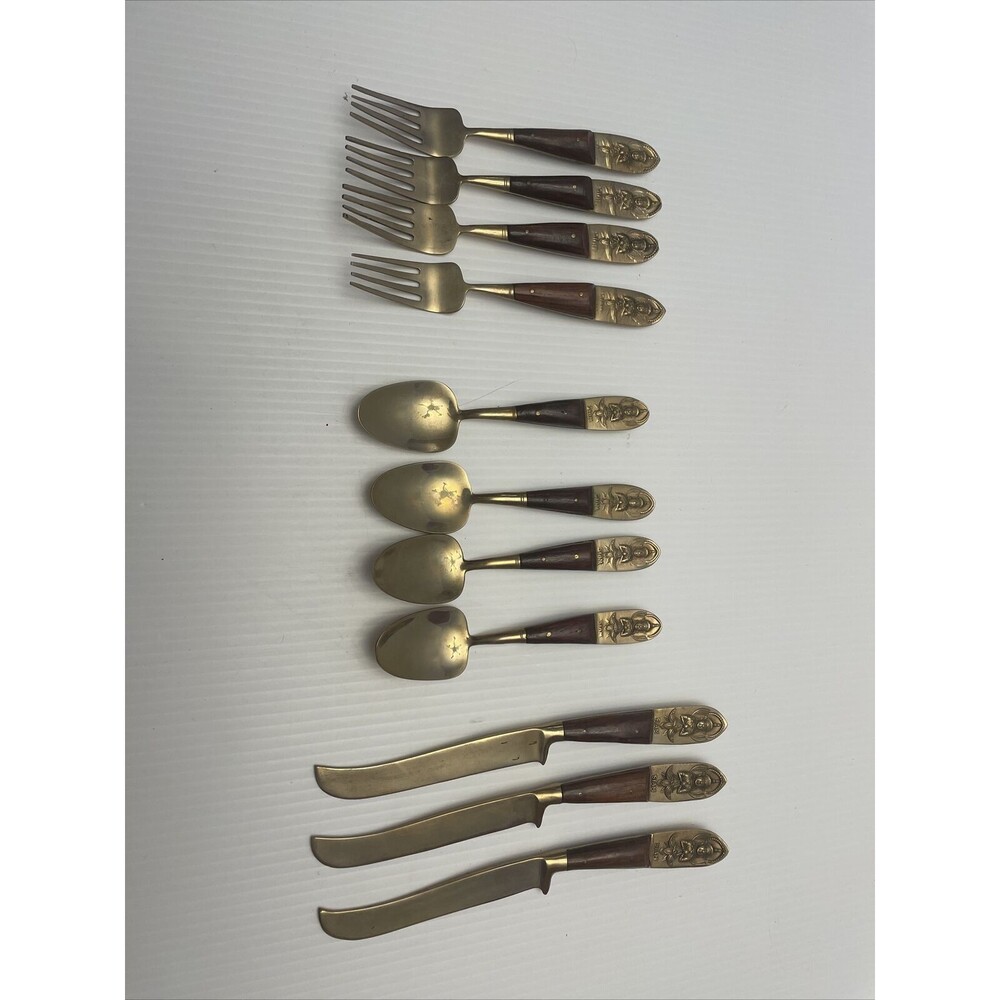 VTG 11 Pc BUDDHIST Bronze Nickel FLATWARE Fork Knife Spoon THAILAND Handcrafted